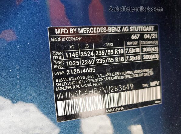 W1N4N4HB7MJ283649 2021 MERCEDES-BENZ GLA Blue Vista de la etiqueta del VIN