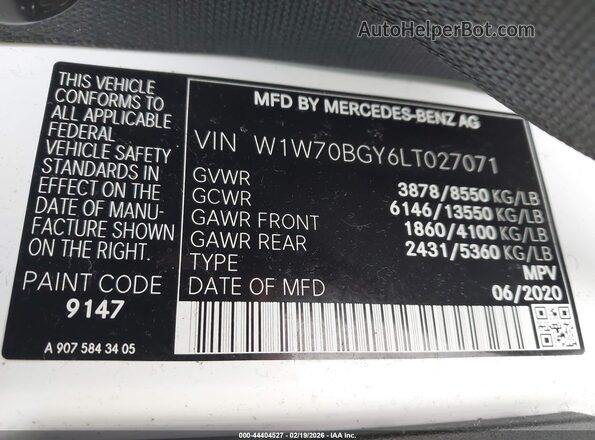 W1W70BGY6LT027071 2020 MERCEDES-BENZ SPRINTER White Вид підкапотного простору