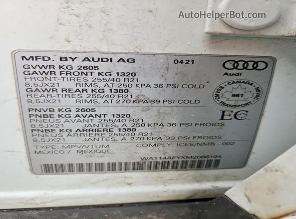 WA114AFYXM2088104 2021 AUDI SQ5 White VIN sticker view
