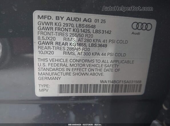 WA114BGF1SA031568 2025 AUDI Q6 E-TRON Gray Вид підкапотного простору
