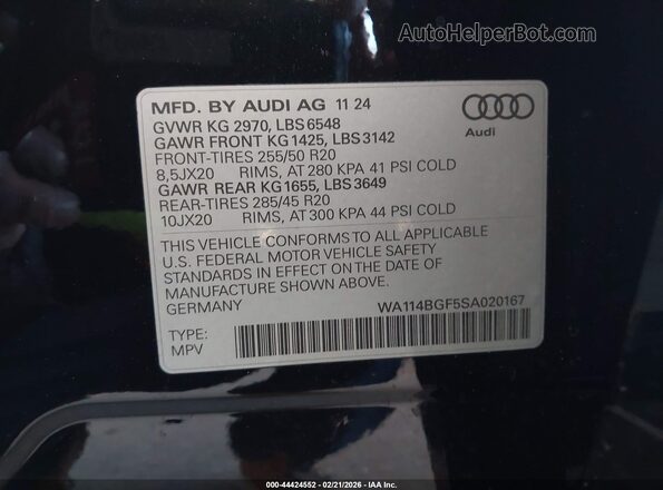 WA114BGF5SA020167 2025 AUDI Q6 E-TRON Black ძრავის განყოფილების ხედი