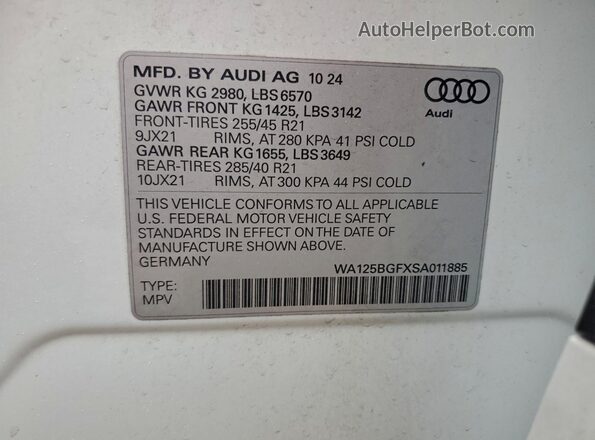 WA125BGFXSA011885 2025 AUDI SQ6 White 360 interior view