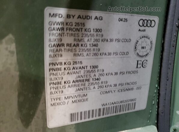 WA12AAGU8S2025802 2025 AUDI Q5 Green Вид наклейки з VIN-кодом