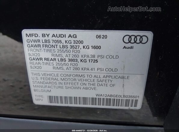 WA12ABGE0LB035501 2020 AUDI E-TRON Black Vista del compartimento del motor