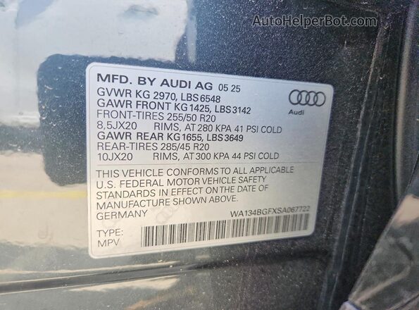 WA134BGFXSA067722 2025 AUDI OTHER Gray VIN կոդի պիտակի տեսք