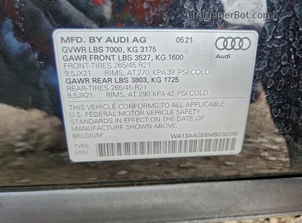 WA13AAGE6MB038399 2021 AUDI E-TRON Black Вид наклейки з VIN-кодом