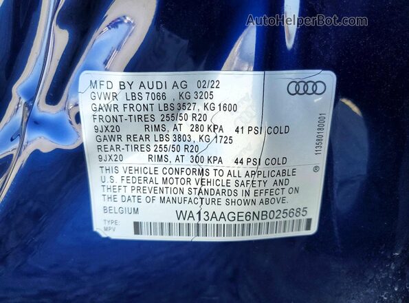WA13AAGE6NB025685 2022 AUDI E-TRON Blue VIN კოდის სტიკერის ხედი
