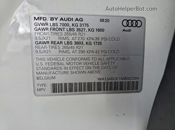 WA13ABGE1MB002304 2021 AUDI E-TRON White Widok komory silnika