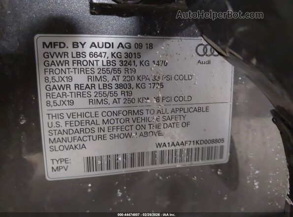 WA1AAAF71KD008805 2019 AUDI Q7 Gray Engine compartment view