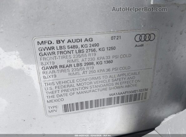 WA1AAAFYXM2132238 2021 AUDI Q5 Silver Շարժիչի բաժամունքի տեսք