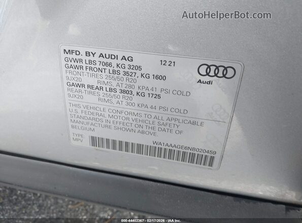 WA1AAAGE6NB020459 2022 AUDI E-TRON Silver ძრავის განყოფილების ხედი