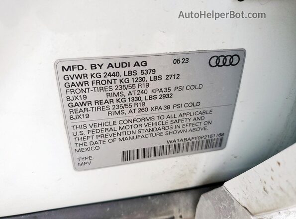 WA1ABAFY0P2151768 2023 AUDI Q5 Белый Панорамный вид салона 360°