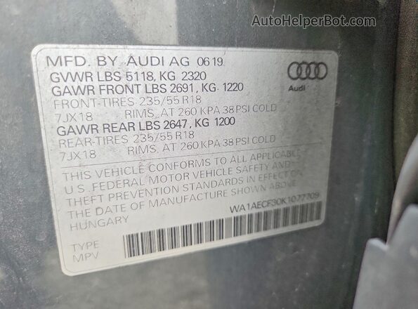 WA1AECF30K1077709 2019 AUDI Q3 Gray VIN կոդի պիտակի տեսք