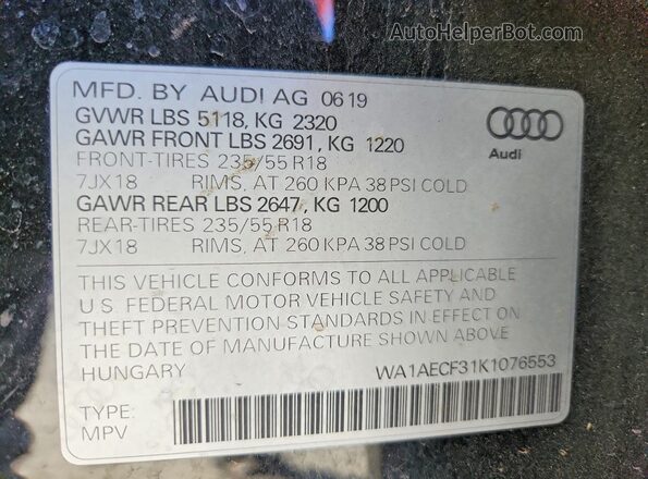 WA1AECF31K1076553 2019 AUDI Q3 Black VIN sticker view