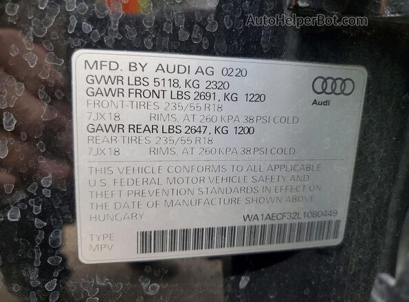 WA1AECF32L1080449 2020 AUDI Q3 Black VIN კოდის სტიკერის ხედი