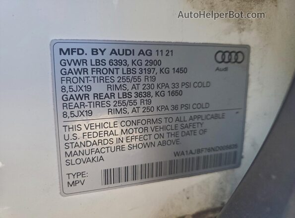 WA1AJBF76ND005635 2022 AUDI Q7 White ძრავის განყოფილების ხედი