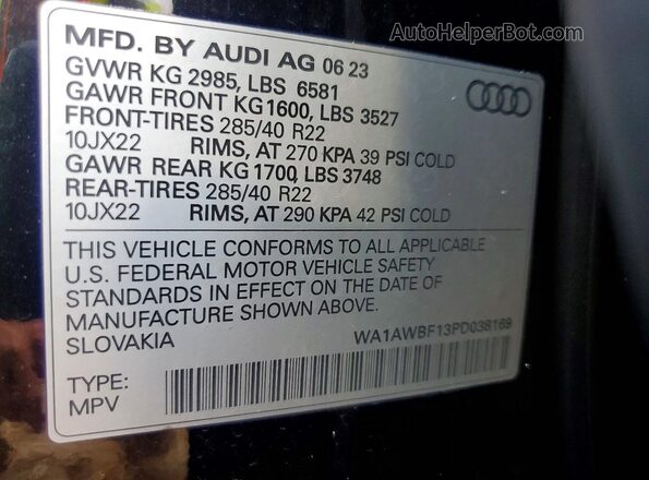 WA1AWBF13PD038169 2023 AUDI SQ8 Black Вид наклейки з VIN-кодом