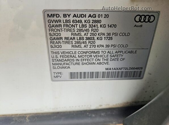 WA1AXAF72LD004925 2020 AUDI Q7 White Vista de la etiqueta del VIN