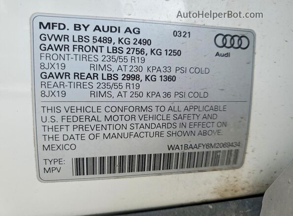 WA1BAAFY6M2069434 2021 AUDI Q5 White Widok naklejki z numerem VIN