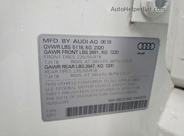 WA1BECF3XK1066835 2019 AUDI Q3 White Widok naklejki z numerem VIN