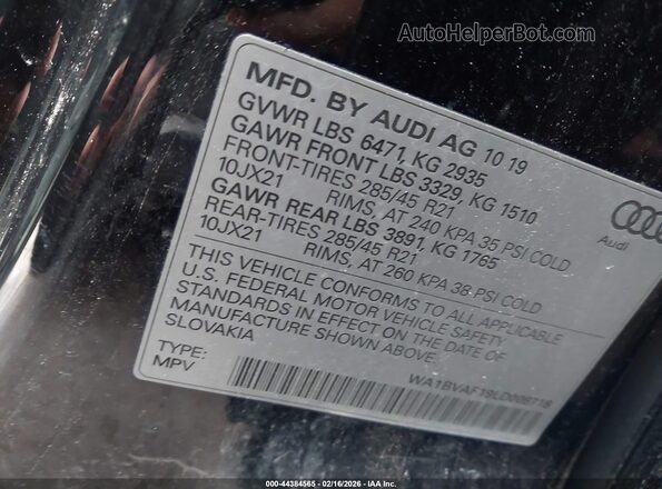 WA1BVAF19LD008718 2020 AUDI Q8 Black ძრავის განყოფილების ხედი