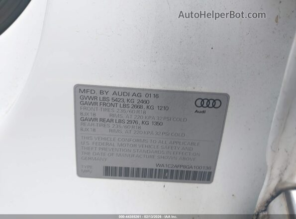 WA1C2AFP8GA100136 2016 AUDI Q5 White Вид підкапотного простору