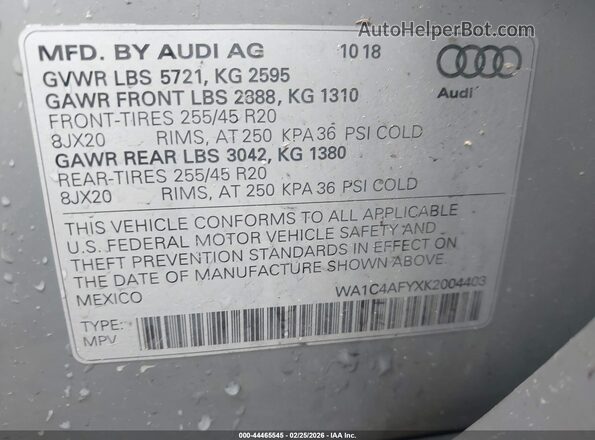 WA1C4AFYXK2004403 2019 AUDI SQ5 Gray Vista del compartimento del motor