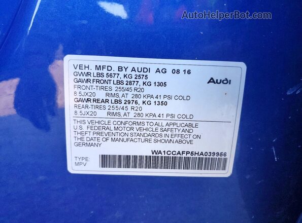 WA1CCAFP5HA039956 2017 AUDI SQ5 Синий Вид наклейки с VIN-кодом