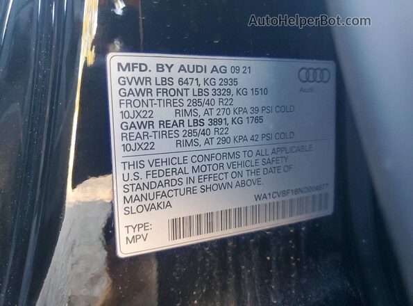 WA1CVBF16ND004977 2022 AUDI Q8 Black Vista de la etiqueta del VIN
