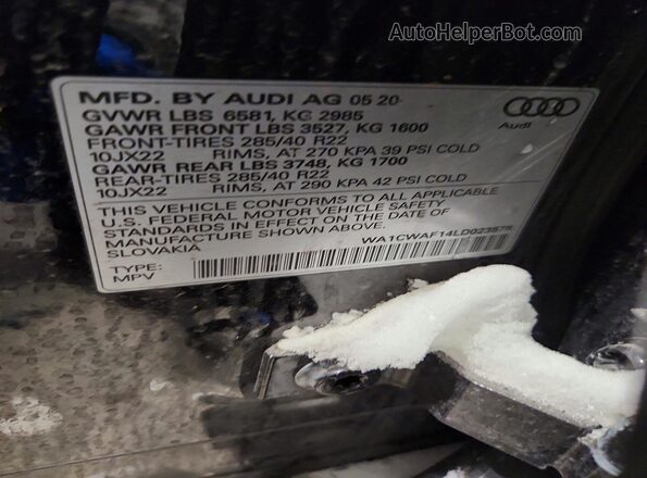 WA1CWAF14LD023578 2020 AUDI SQ8 Black VIN კოდის სტიკერის ხედი