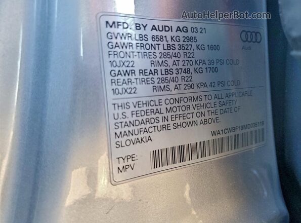 WA1CWBF19MD035118 2021 AUDI SQ8 Silver VIN sticker view