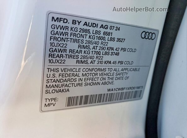 WA1CWBF1XRD019873 2024 AUDI SQ8 White Вид наклейки з VIN-кодом
