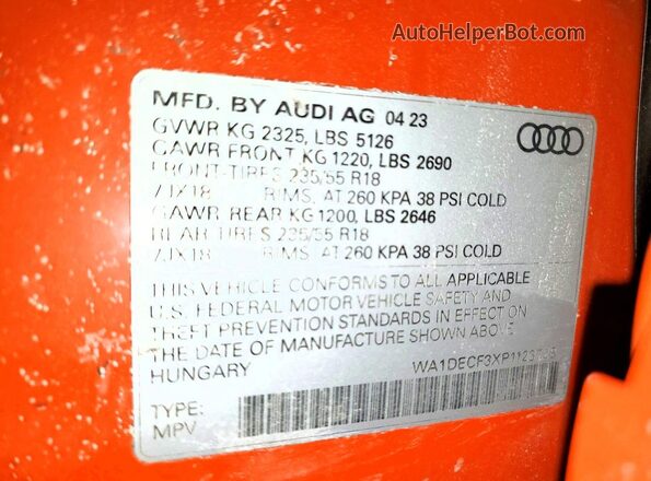 WA1DECF3XP1123728 2023 AUDI Q3 Orange VIN კოდის სტიკერის ხედი