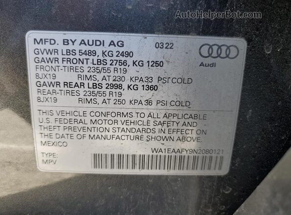 WA1EAAFY9N2080121 2022 AUDI Q5 Gray 