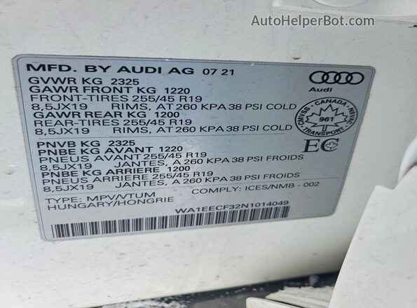 WA1EECF32N1014049 2022 AUDI Q3 White VIN კოდის სტიკერის ხედი