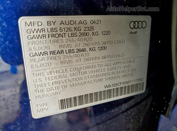 WA1EECF35M1117092 2021 AUDI Q3 Blue Vista de la etiqueta del VIN