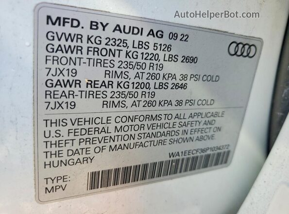 WA1EECF36P1034372 2023 AUDI Q3 White Vista de la etiqueta del VIN