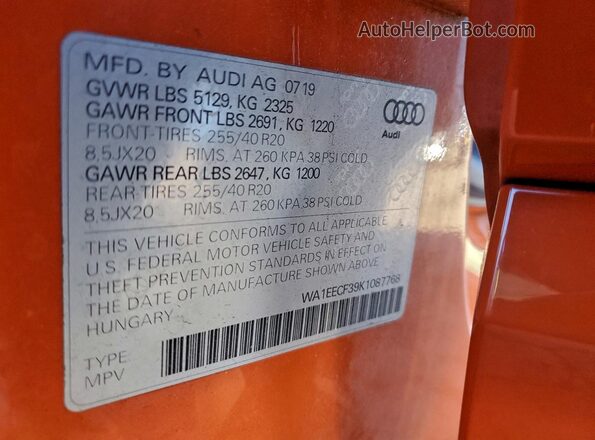WA1EECF39K1087768 2019 AUDI Q3 Оранжевый Вид наклейки с VIN-кодом