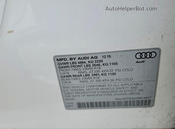 WA1EFCFS4GR014417 2016 AUDI Q3 White VIN կոդի պիտակի տեսք