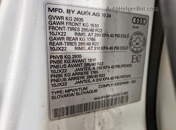 WA1FVBF10SD011383 2025 AUDI Q8 White VIN sticker view