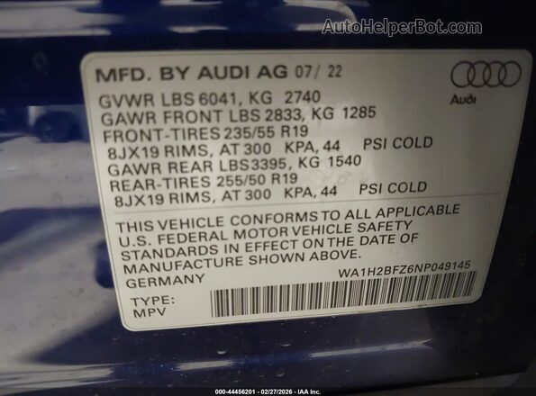 WA1H2BFZ6NP049145 2022 AUDI Q4 Blue Вид підкапотного простору