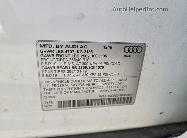 WA1HCCFS3HR013847 2017 AUDI Q3 White VIN კოდის სტიკერის ხედი