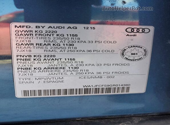 WA1JFCFS9GR014380 2016 AUDI Q3 Blue VIN კოდის სტიკერის ხედი