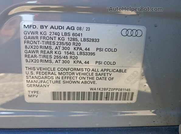 WA1K2BFZ0PP081145 2023 AUDI Q4 Gray VIN კოდის სტიკერის ხედი