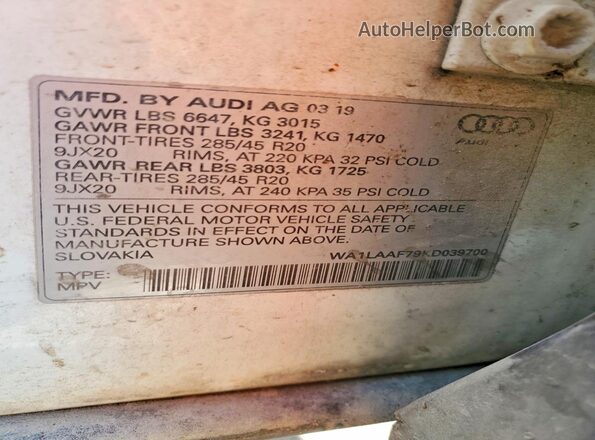 WA1LAAF79KD039700 2019 AUDI Q7 White Widok naklejki z numerem VIN