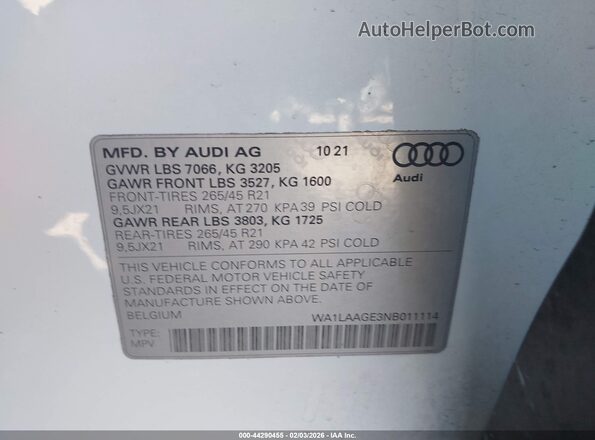 WA1LAAGE3NB011114 2022 AUDI E-TRON White Widok komory silnika