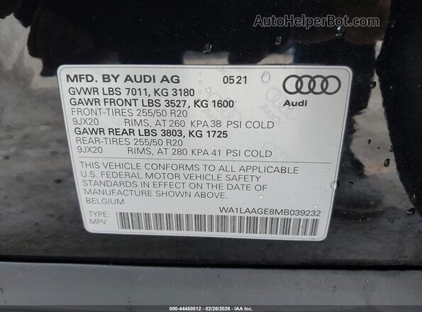WA1LAAGE8MB039232 2021 AUDI E-TRON Black Вид підкапотного простору