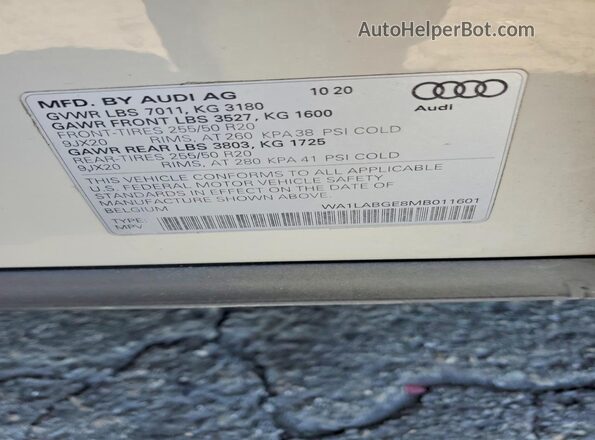 WA1LABGE8MB011601 2021 AUDI E-TRON Gray Vista de la etiqueta del VIN