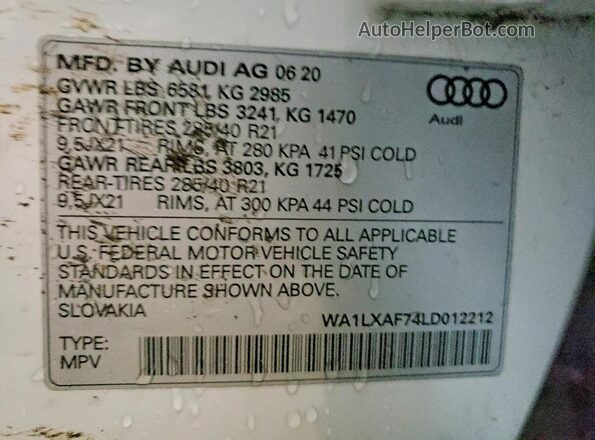 WA1LXAF74LD012212 2020 AUDI Q7 White Vista de la etiqueta del VIN