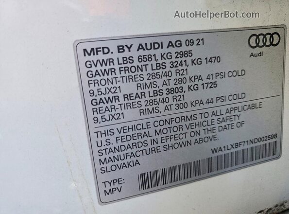 WA1LXBF71ND002598 2022 AUDI Q7 White Vista de la etiqueta del VIN